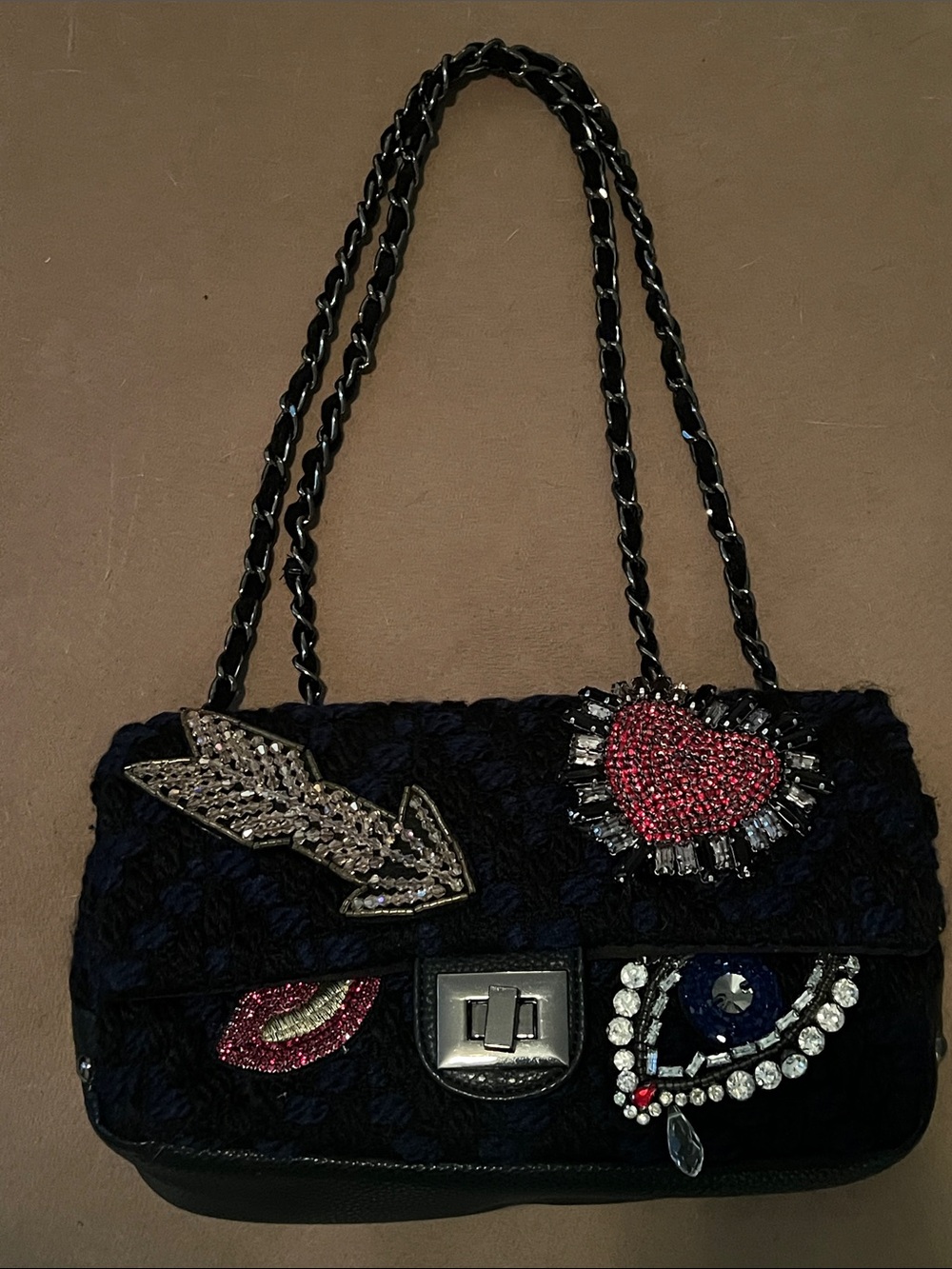 Black Embellished Chain-Handle Shoulder Bag